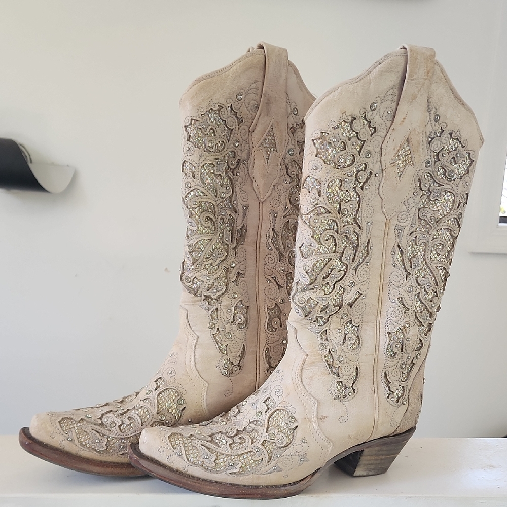 Corral Cream Heeled Boots with Ornate Design